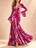 Floral Print V-Neck Bell Sleeve Maxi Dress