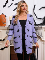 Women's Halloween Bat Moon Print V Neck Long Sleeve Button Front Knit Cardigan