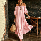Women White Off‑Shoulder Balloon Sleeve Flowy Maxi Dress