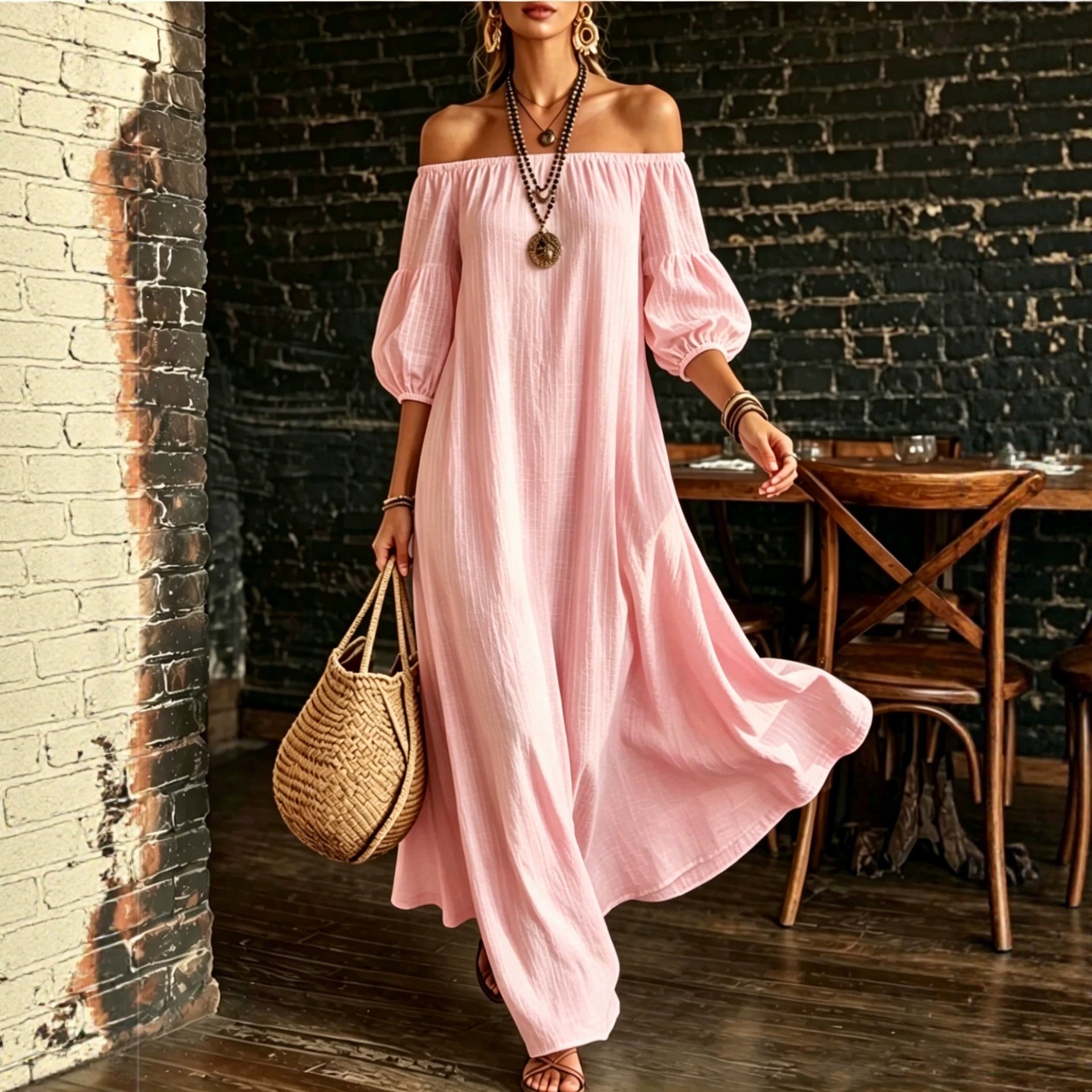 Women White Off‑Shoulder Balloon Sleeve Flowy Maxi Dress