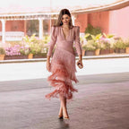 Women Deep V Puff Sleeve Wrap Fringe Midi Dress