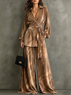 Velvet Wrap Blouse & Wide-Leg Pant Set – Printed Two-Piece