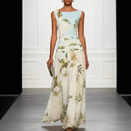 Vintage Lily Floral Color Block Maxi Gown