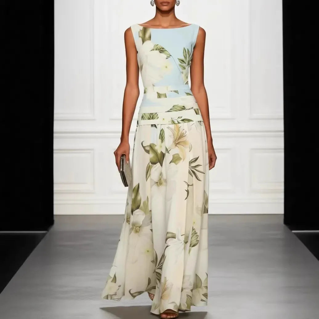 Vintage Lily Floral Color Block Maxi Gown