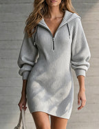 Ribbed Knit Hooded Half‑Zip Long‑Sleeve Bodycon Mini Dress