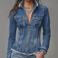 Frayed-Edge Fitted Denim Jacket — Medium Wash