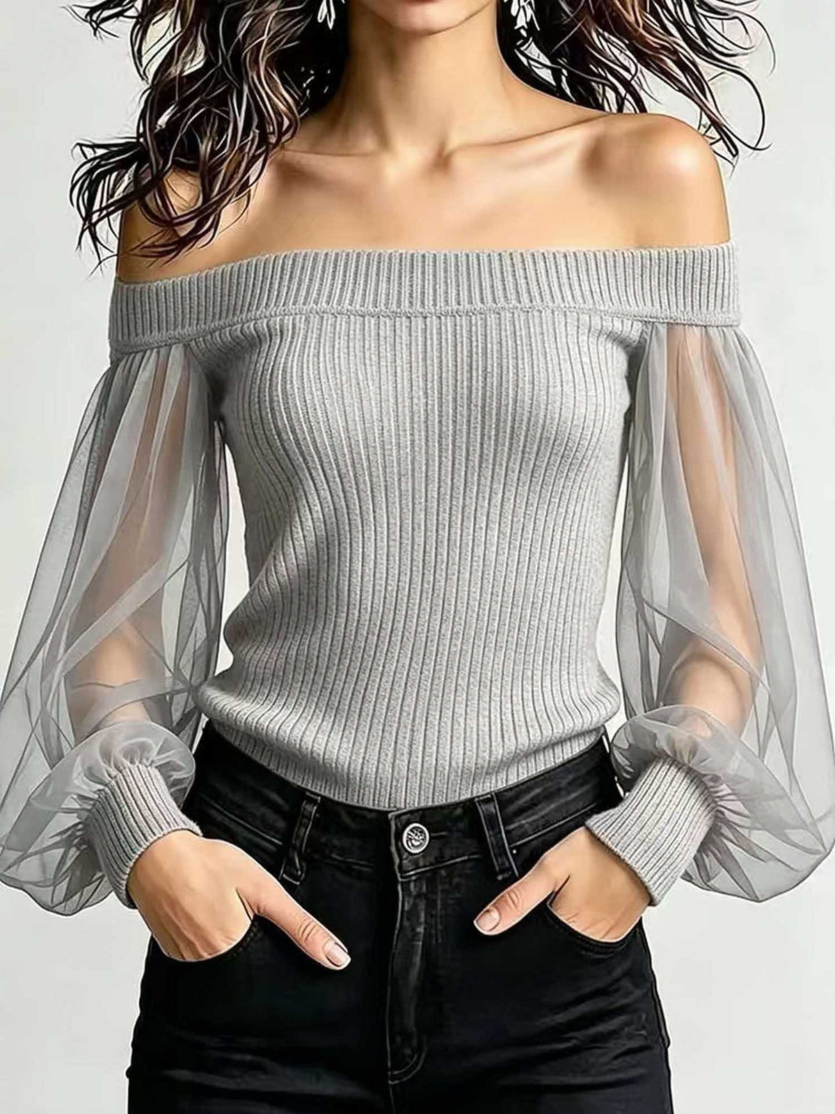 Off‑Shoulder Mesh Puff Sleeve Ribbed Knit Top