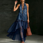 Stylish Elegant Organza-Paneled Denim Maxi Dress
