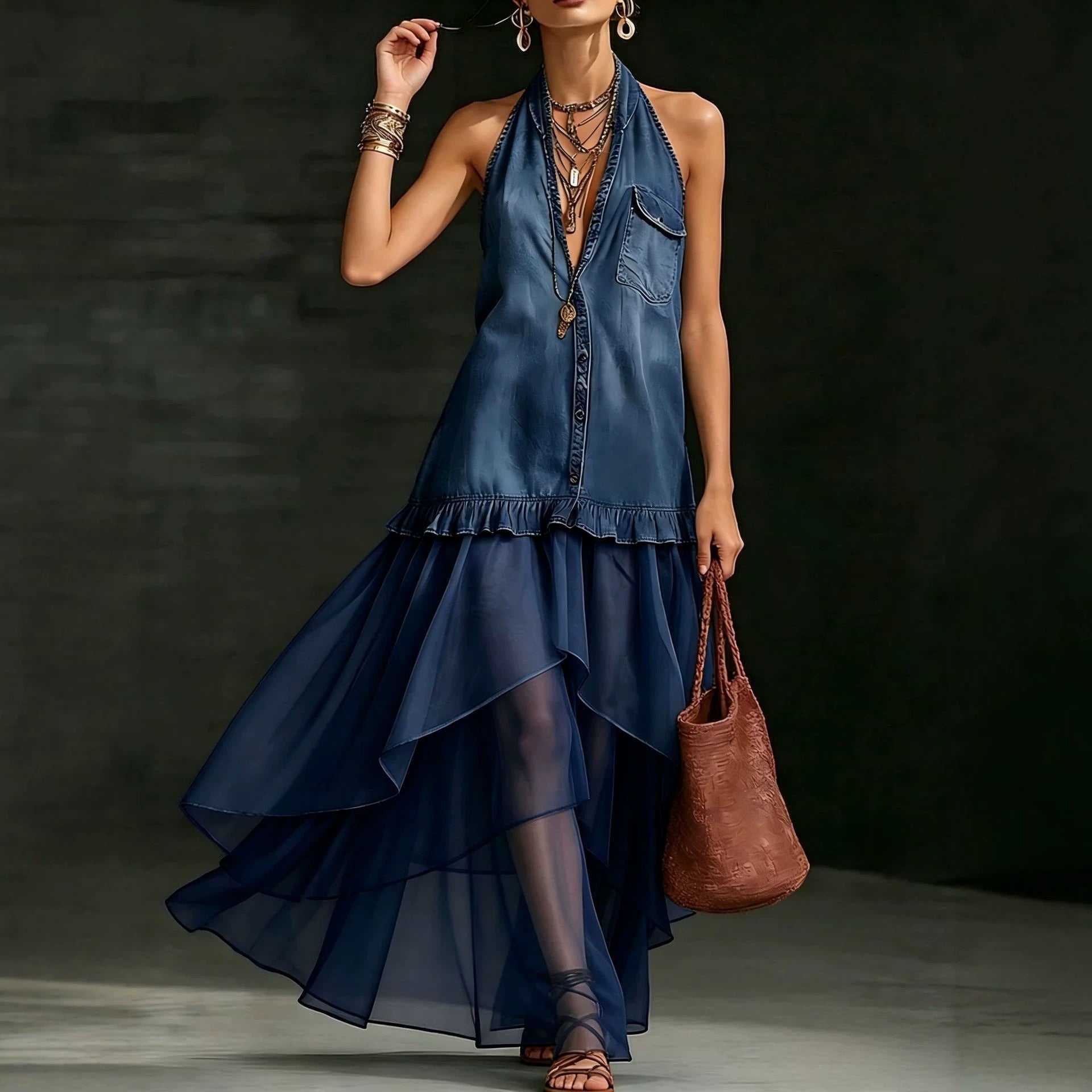 Stylish Elegant Organza-Paneled Denim Maxi Dress