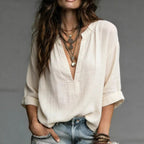 Textured Linen Blend Notch V Neck 3/4 Cuffed Sleeve Blouse
