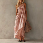 Dusty Pink One Shoulder Ruched Linen Maxi Dress