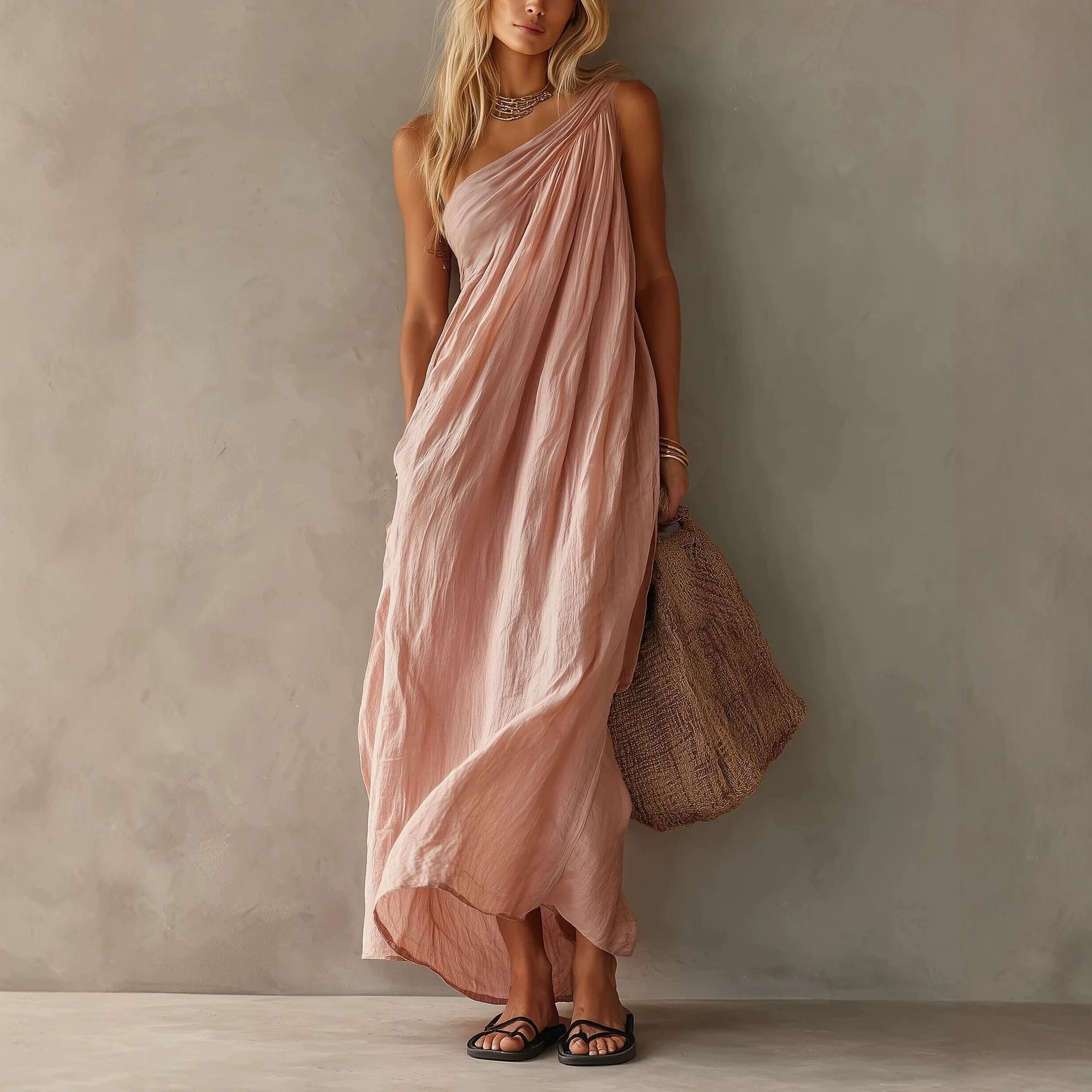 Dusty Pink One Shoulder Ruched Linen Maxi Dress