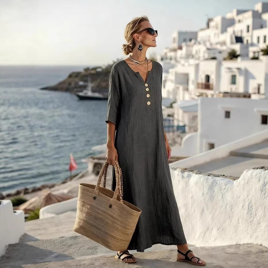 Casual Linen Blend V-Neck Maxi Dress