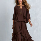 Women'S Tassel‑Detail Blouse & Ruffle Maxi Skirt Boho Two‑Piece Set