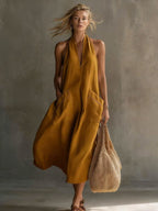 Relaxed Halter Neck Linen Midi Dress with Pockets