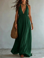 Halter Deep V Gathered Empire Waist Flowy Chiffon Maxi Dress