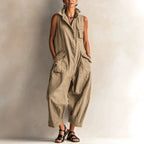 Sleeveless Linen Utility Jumpsuit Loose Cropped Wide Leg Cargo Jumpsuit