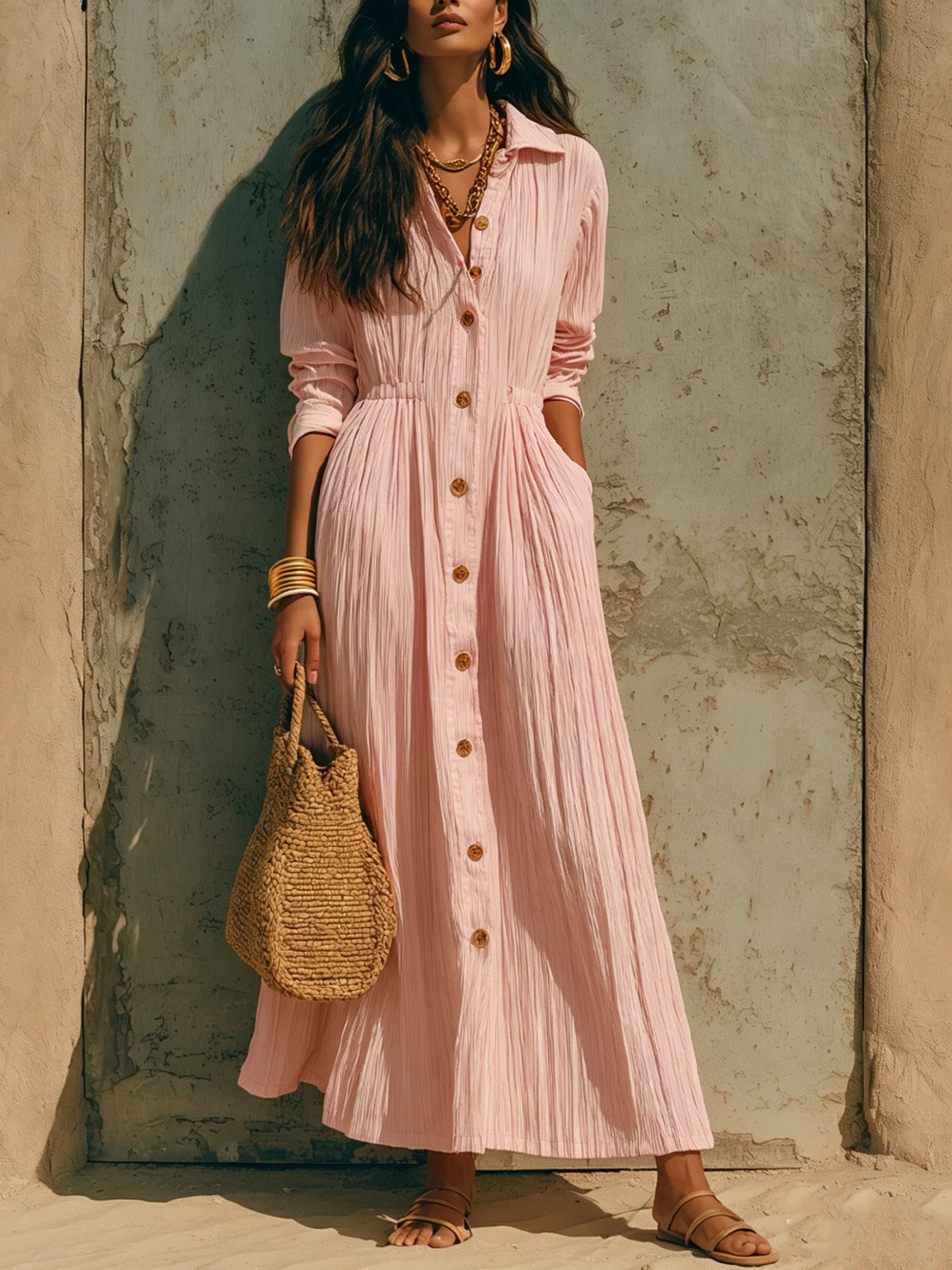 Women'S Crinkle‑Textured Collared Button‑Front Maxi Shirt Dress