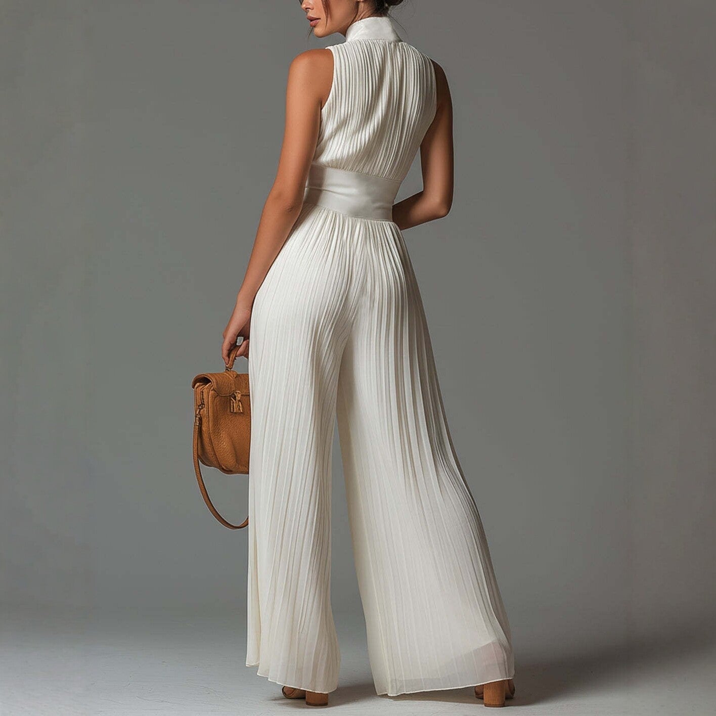V-neck Sleeveless Zip-up Pleated Wide-leg Chiffon Jumpsuit