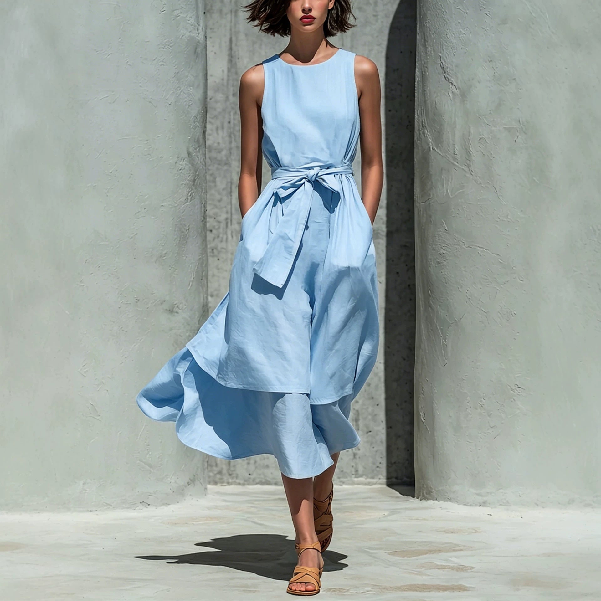 Sleeveless Tie Waist Layered Linen Midi Dress