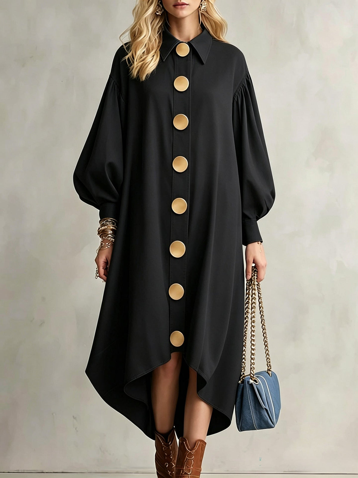 Balloon Sleeve Shirt Dress with Asymmetrical Hem