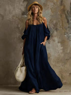 Cold Shoulder Puff Sleeve Pocketed Flowy White Maxi Caftan Dress