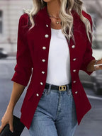 Stand Collar Decorative Metal Button Blazer Jacket, 3/4 Sleeve Slim Fit Casual Outerwear With Flap Pockets For Daily Office Wear