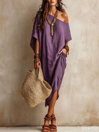 Slanted Shoulder Cotton And Linen Dress Women'S Loose Bat Sleeves Mid-Length Slit Holiday Dress
