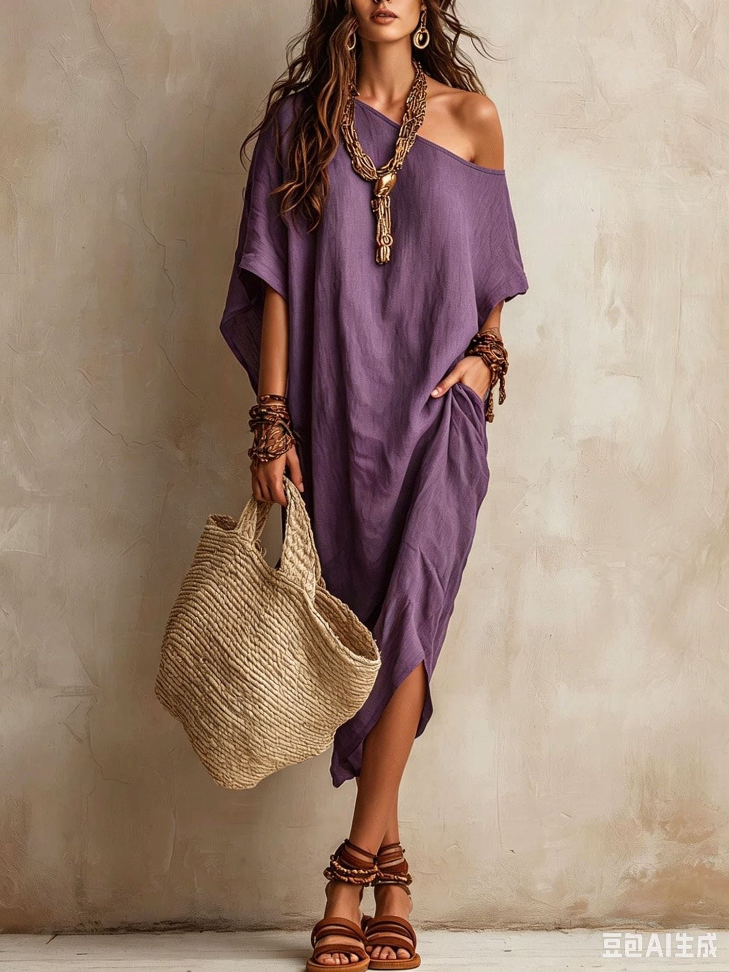 Slanted Shoulder Cotton And Linen Dress Women'S Loose Bat Sleeves Mid-Length Slit Holiday Dress