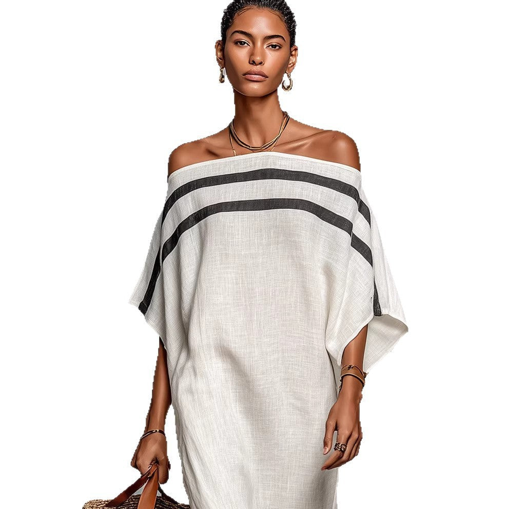 Stripe Off Shoulder Batwing Linen Maxi Kaftan Dress