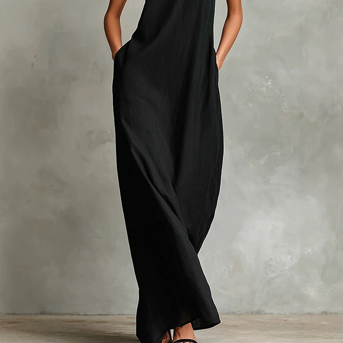 Sleeveless High Neck Linen Maxi Shift Dress