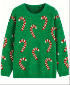 Women's Plus Size Crew Neck Candy Cane Print Long Sleeve Christmas Knit Sweater