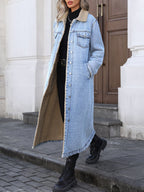 Long Denim Sherpa Coat | Cotton Lining, Warm Overcoat
