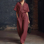 Stand Collar Sleeveless Casual Loose Cotton And Linen Jumpsuit