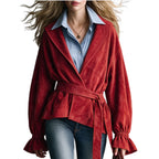 Women Red Wrap Belted Suede Jacket Lapel Flare Long Sleeve Casual Outerwear