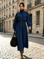 Women's Solid Beige Stand Collar Pocket Elastic Waist Long Sleeve Shirt Midi Dress