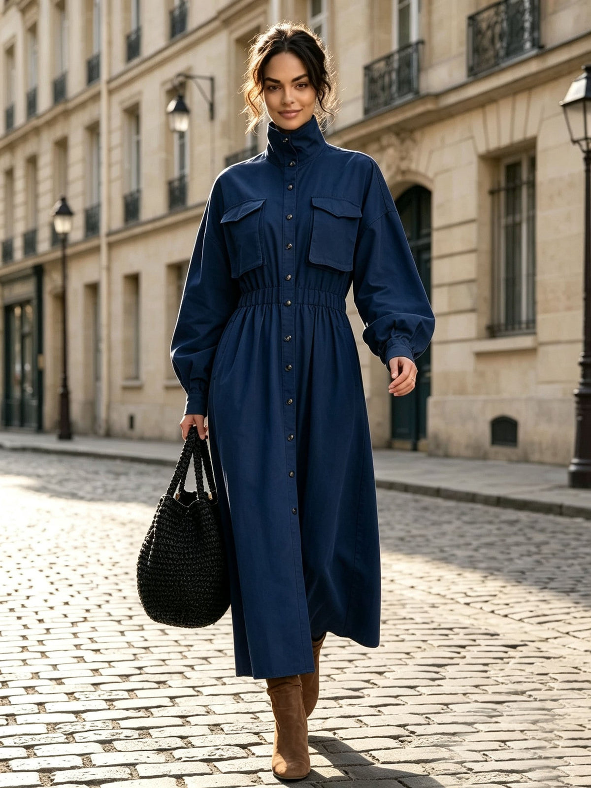 Women's Solid Beige Stand Collar Pocket Elastic Waist Long Sleeve Shirt Midi Dress