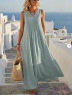 Pleated Pocket Linen Blend Vacation Maxi Dress