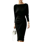 Boat-Neck Dolman Sleeve Midi Dress with Side Drape