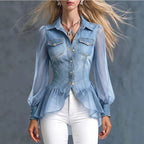 Denim Sheer Organza Puff Sleeve Peplum Fitted Shirt Blouse