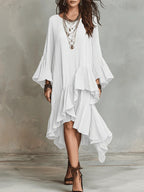 Crinkled Textured Oversized Bell Sleeve Asymmetrical Ruffle High Low Midi Dress