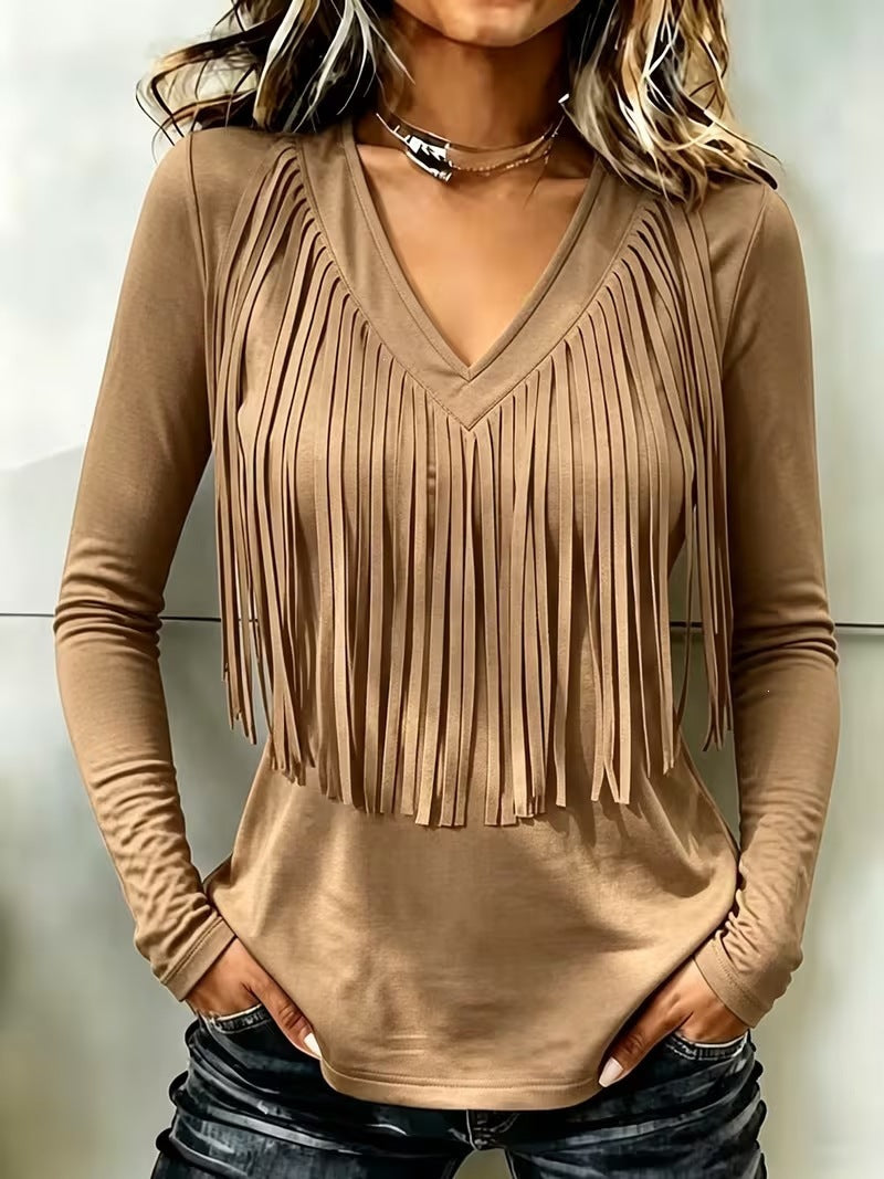 Vintage Elegant Cotton Blend Patchwork Fringed T-shirt