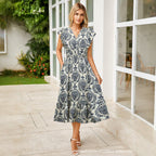Women's V-Neck Ruffle Sleeve Midi Dress - Versatile Casual Floral/Print Dress with Pockets (6 Colors Available)