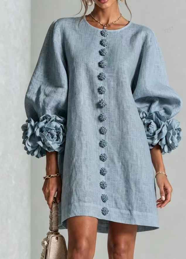 Women Blush Pink Fabric Floral Appliqué Balloon‑Sleeve Shift Mini Dress