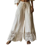 Women's Solid Color High-waisted Drawstring Wide-leg Pants With Cotton And Linen Lace Trim