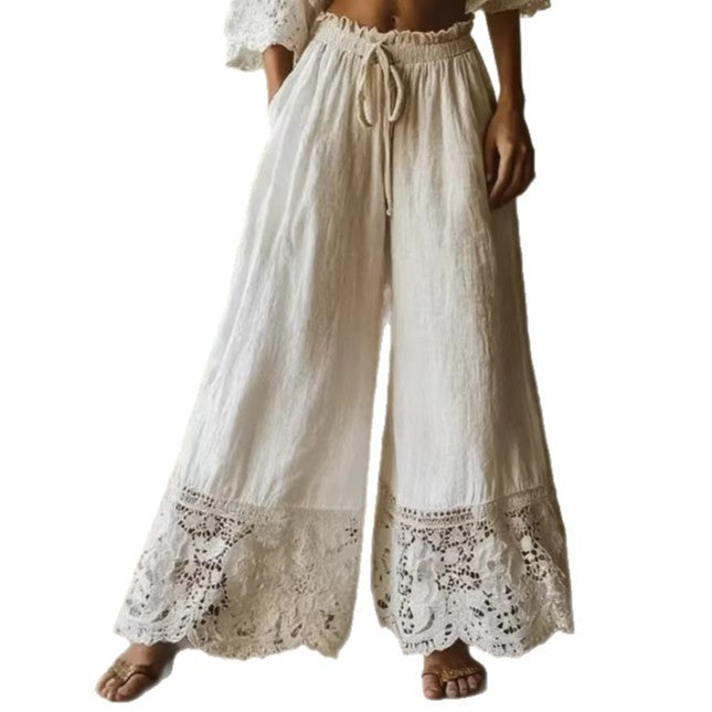 Women's Solid Color High-waisted Drawstring Wide-leg Pants With Cotton And Linen Lace Trim