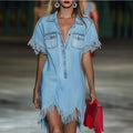Light Wash Fringe Denim Shirt Dress