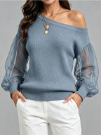 Asymmetric Off‑Shoulder Mesh Puff Sleeve Ribbed Knit Sweater