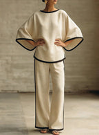 Women'S Elegant Round Neck Loose Bat Sleeves Cotton And Linen Two-Piece Set