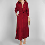 Women Collared Waist‑Tab Shirt Maxi Dress